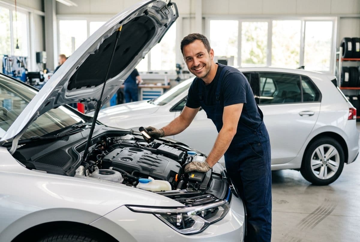 Mechanic checking under the bonnet of a car