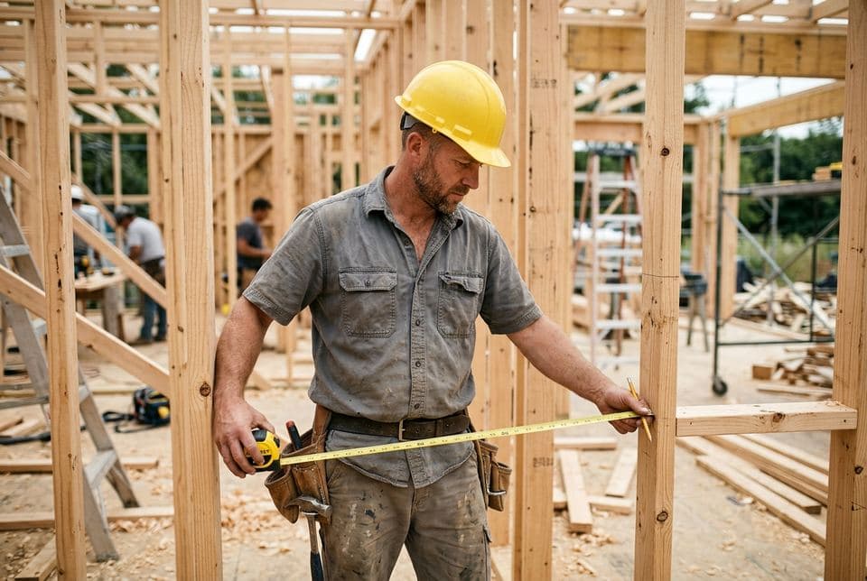 Builder measuring timber framing on a construction site