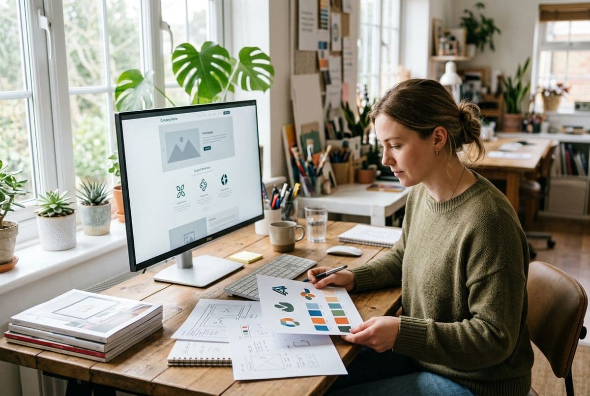 Designer reviewing brand artwork at a desk