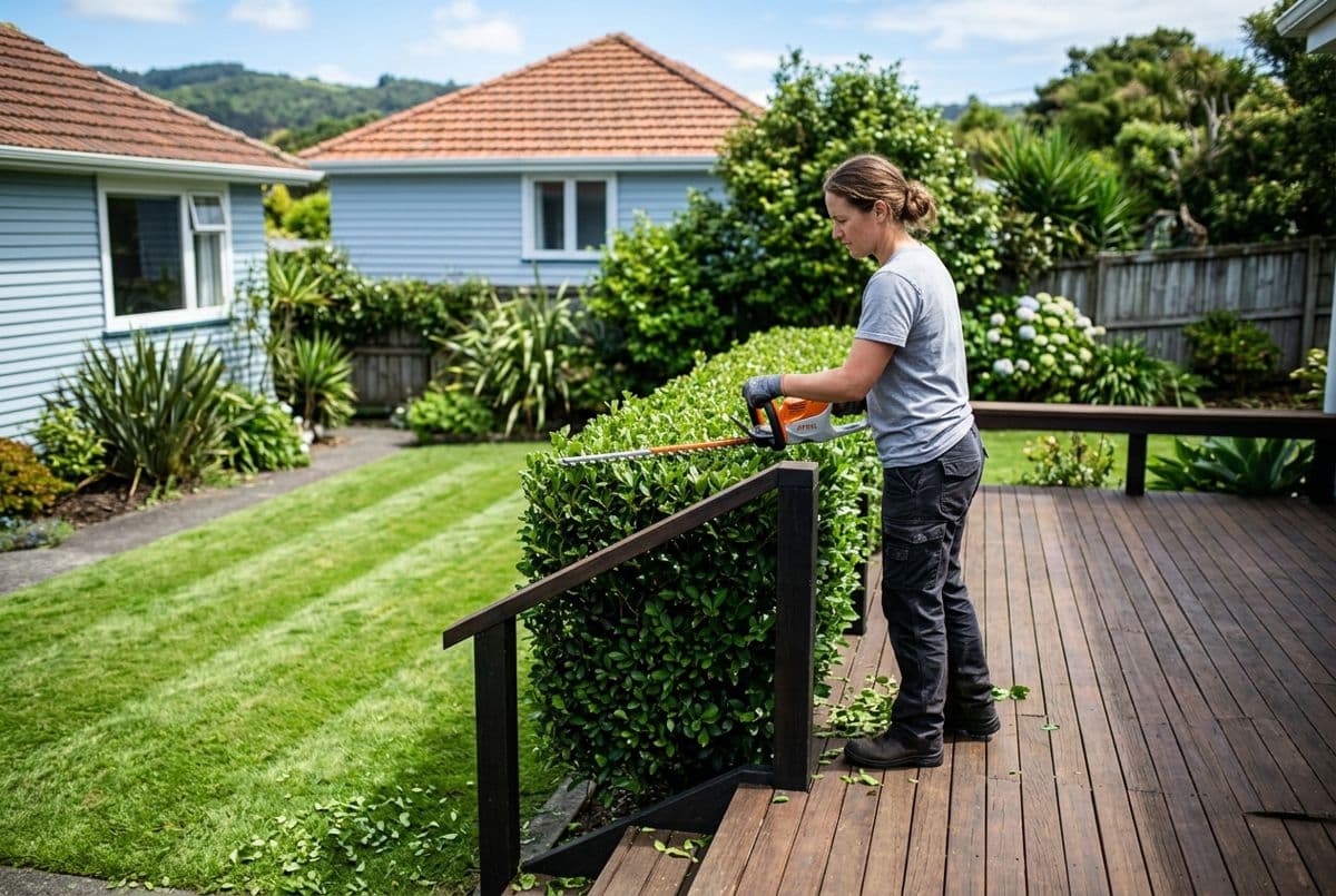 Landscaper trimming a hedge beside a mowed lawn