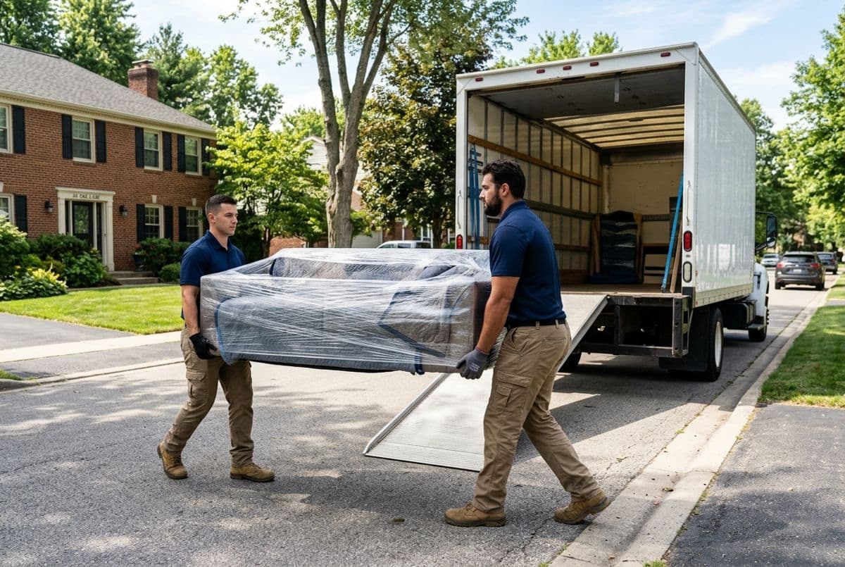 Movers carrying a sofa to a truck
