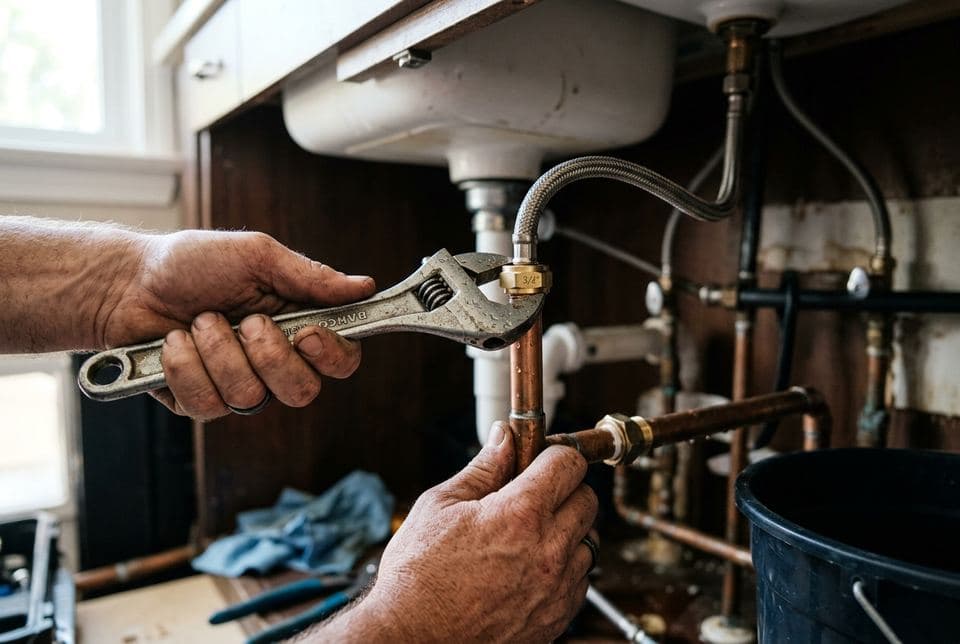 Plumber tightening a pipe fitting under a sink