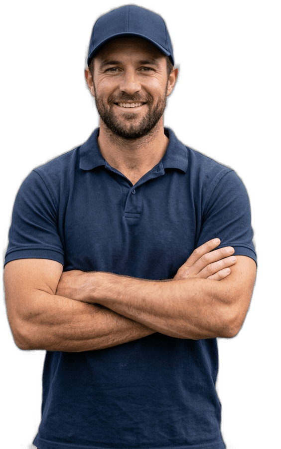 Smiling tradesperson in a navy cap and polo with arms crossed