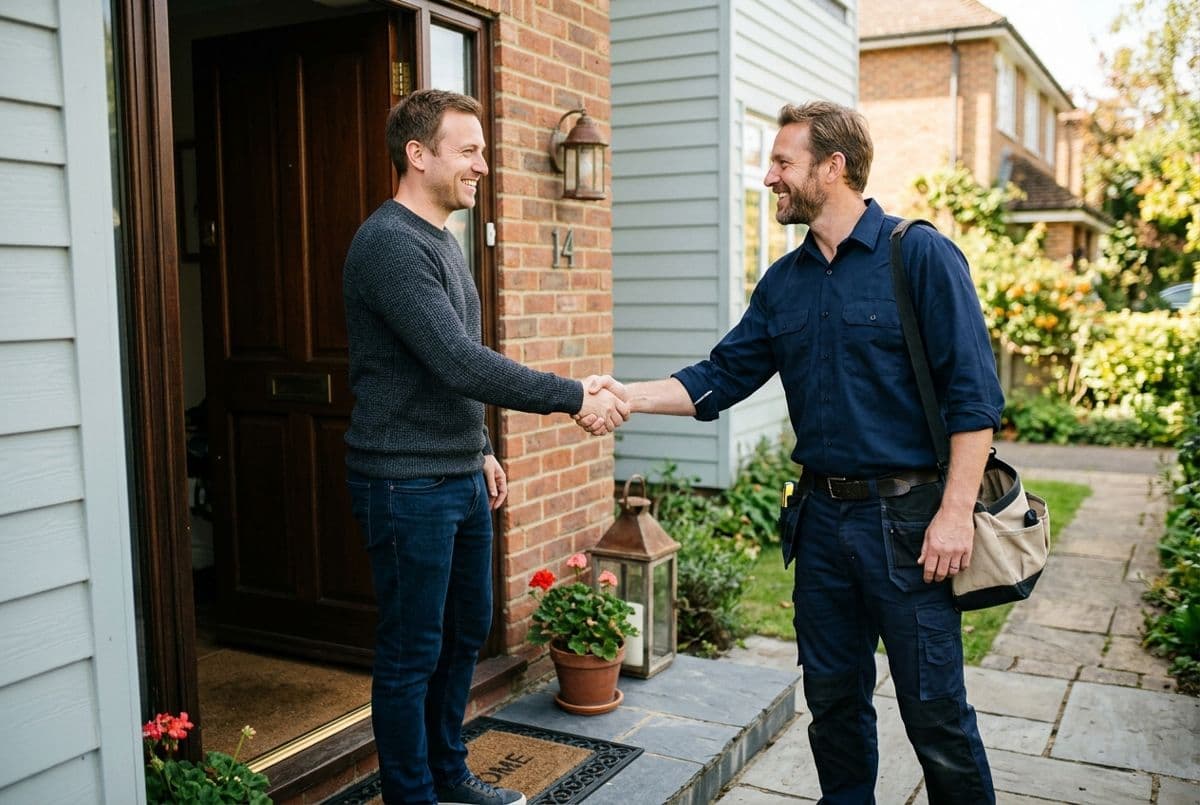 Customer shaking hands with a tradesperson at the front door