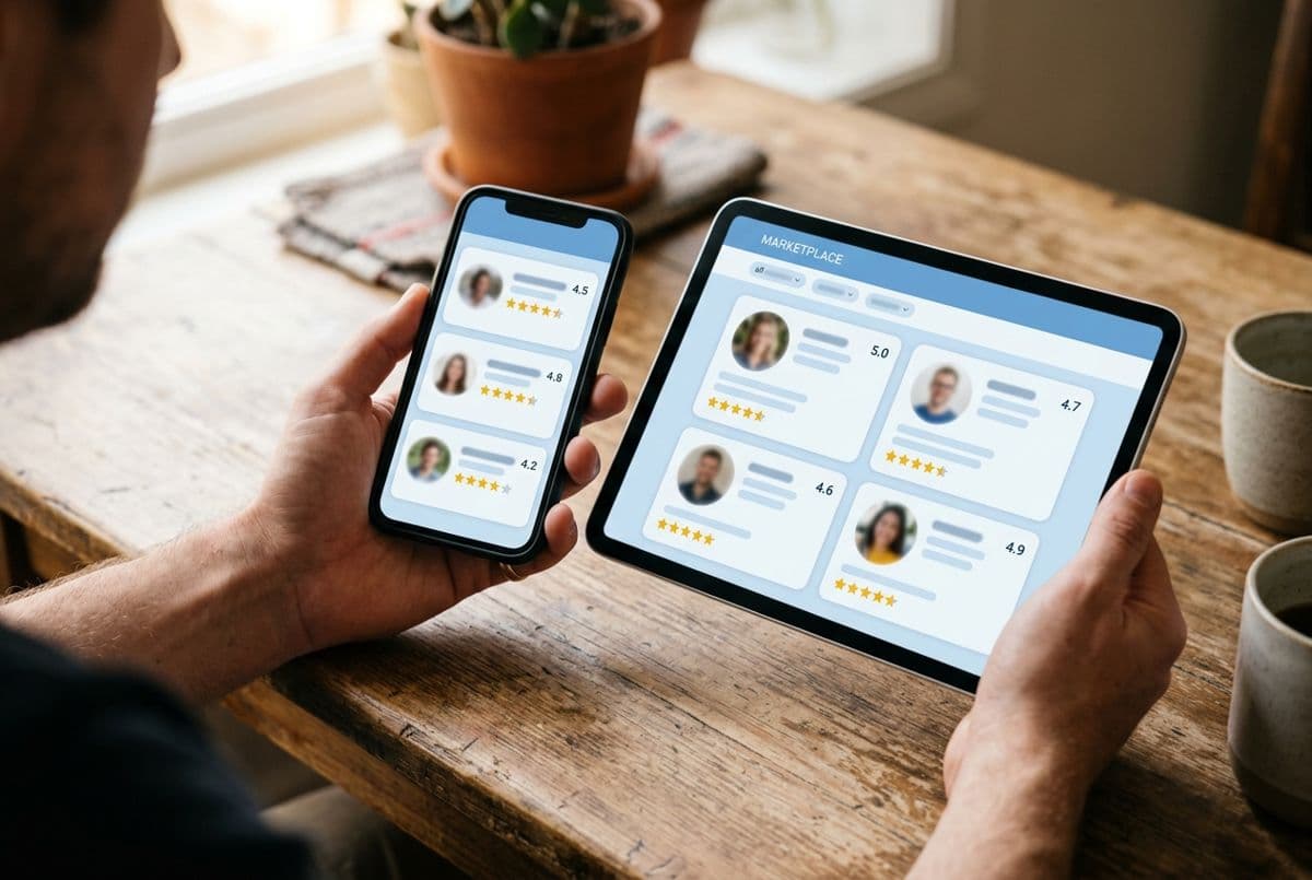 Provider profiles and ratings shown on a phone and tablet