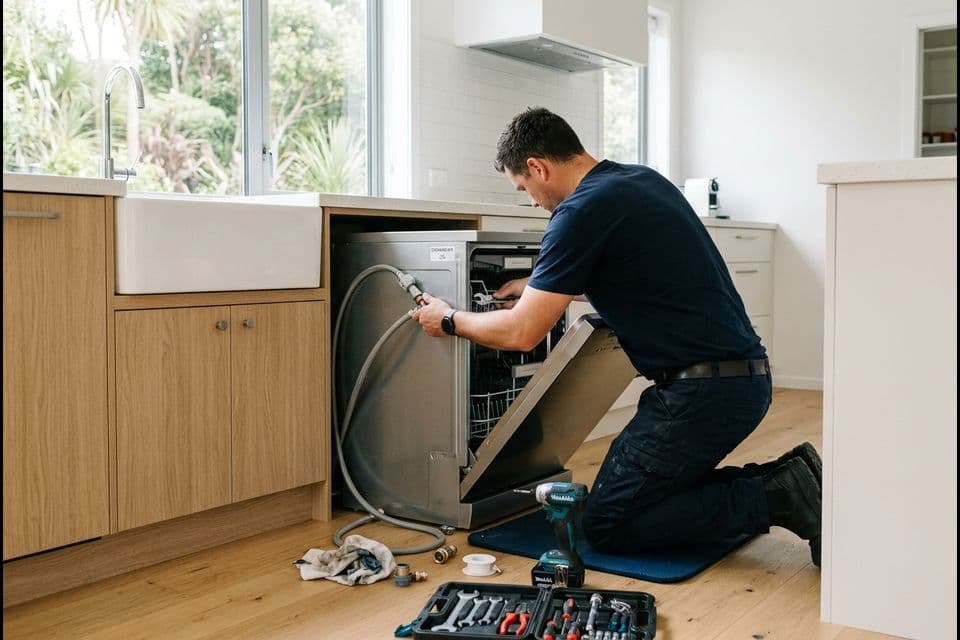 Technician repairing a dishwasher in a kitchen