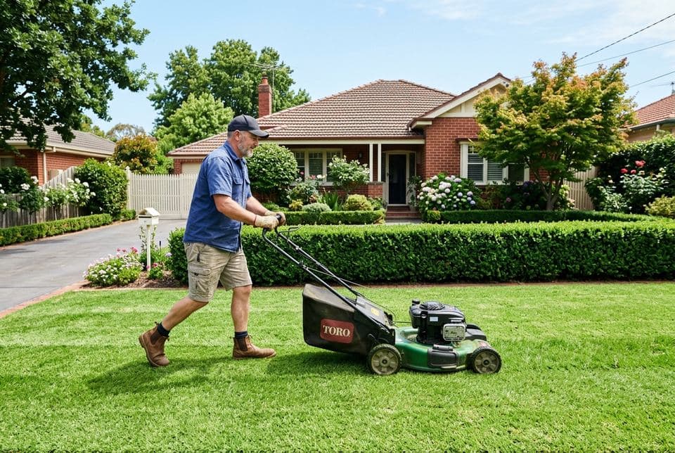 Lawn being mowed in a backyard